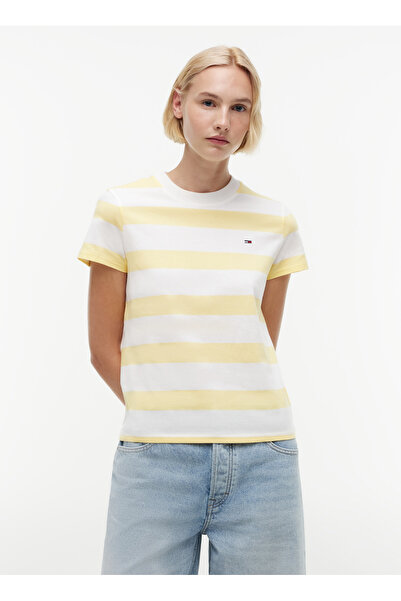Tommy Jeans Sarı Kadın Bisiklet Yaka Çizgili T-Shirt DW0DW238010FP