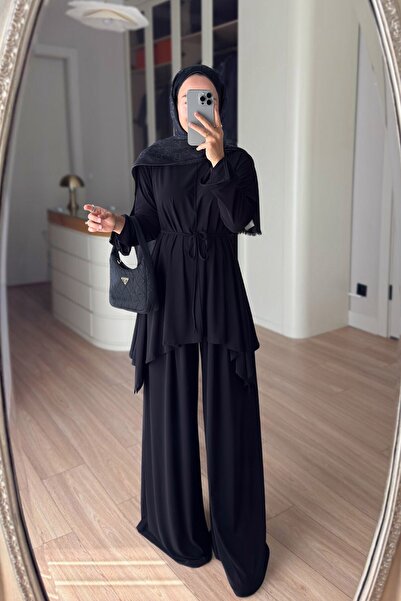 Ka Hijab Asymmetrical Cut Belted Sandy Suit - Black