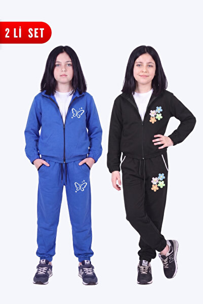 FYK KİDS Girl's 2-Piece Printed Stand Collar Double Pocket Zippered Tracksuit...