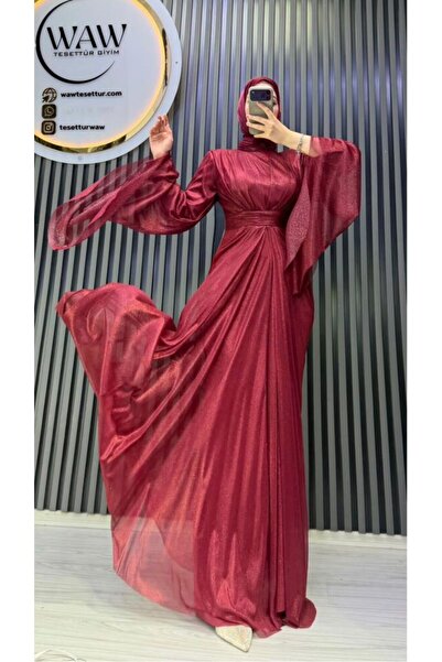 waw tesettür Cindirella Simli Drape Detaylı Tesettür Abiye Elbise
