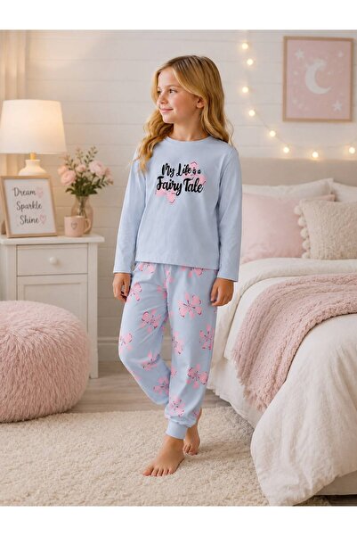 YİGİT BUTİK Girls Floral Patterned Long Sleeve Bottom Top Pajama Set