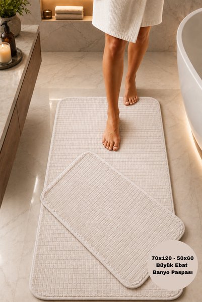 Modernsoft Kare Plus Krem Banyo Paspası Büyük Ebat 70x120 cm 50x60 cm Kaymaz ...