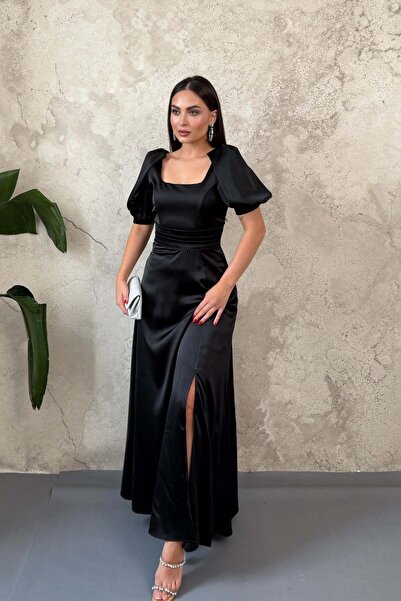 Elbee Fashion Woman Μαύρο σατέν φόρεμα με σκίσιμο