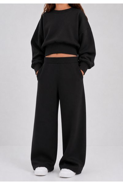haha Kız Çocuk Oversize Sweatshirt Bol Paça Eşofman Takımı 2'li Kışlık Spor Takım