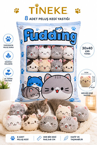 TİNEKE 8’li Peluş Kedi Yastığı Seti – Minik Yumuşak Kedi Oyuncağı ve Uyku Ark...