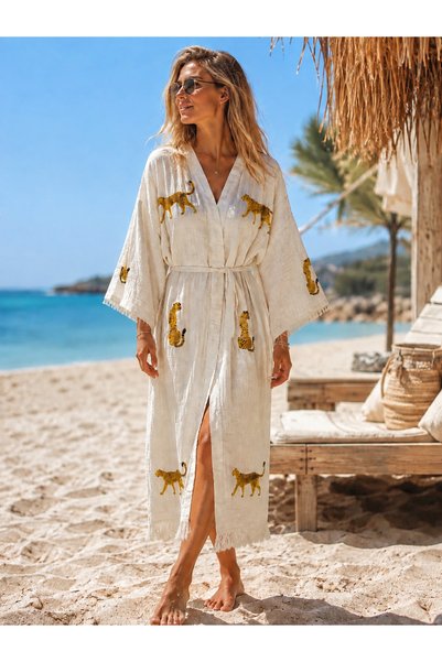 Genel Markalar Müslin Kimono 120 cm Ekru Leopar Desenli Püsküllü Plaj Kimonosu