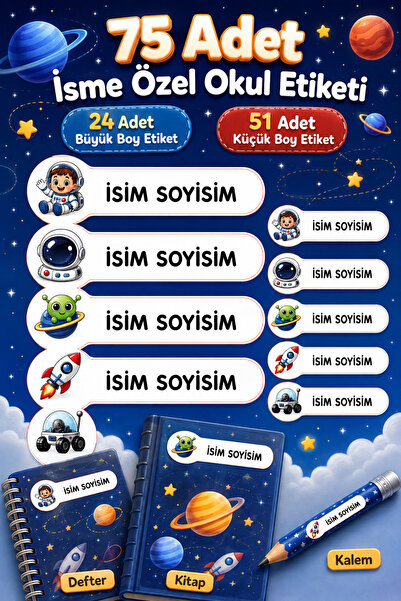 cabuk baskı Erkek Çocuk Okul İsim Etiketi 75 Adet Uzay Astronot Temalı Defter...
