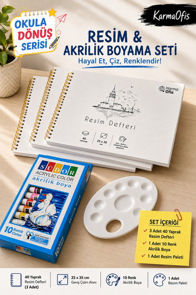 KarmaOfis Painting Notebook and Acrylic Paint Set 40 Sheets 25X35 cm 10 Color...