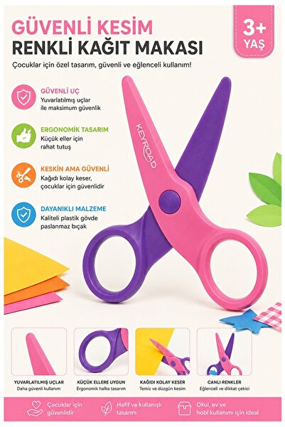 Artlantis Renkli Kağıt Makası 1 Adet Keyroad Plastik Küt Uç Korumalı Okul Mak...