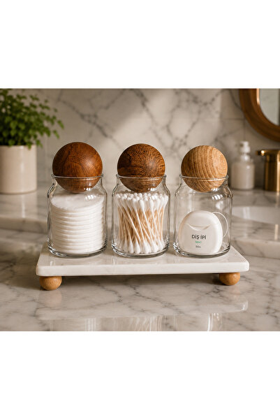 Dia 3-Piece Wooden Ball-Covered Glass Bathroom Organizer Set with Marble Stan...