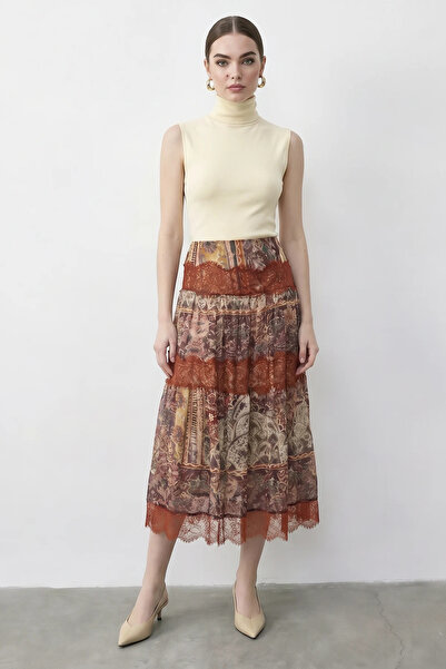 Efnaz style Women's Multi Patterned Lace Detailed Lined Maxi Orange Skirt