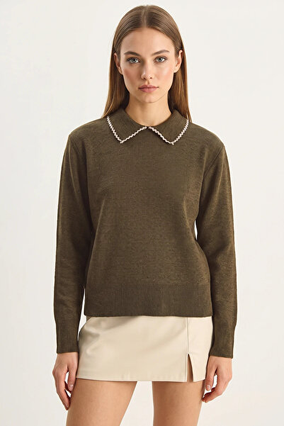 Generic Brand Women's Lace Detailed Collar Knitwear Bitter Brown Sweater