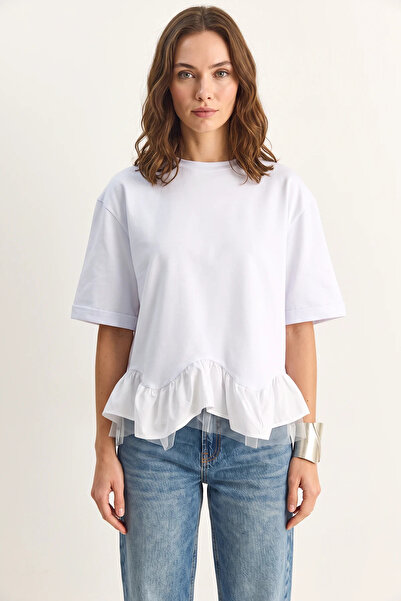Generic Brand Women's Tulle Detailed Flounce Oversize Basic White T-Shirt