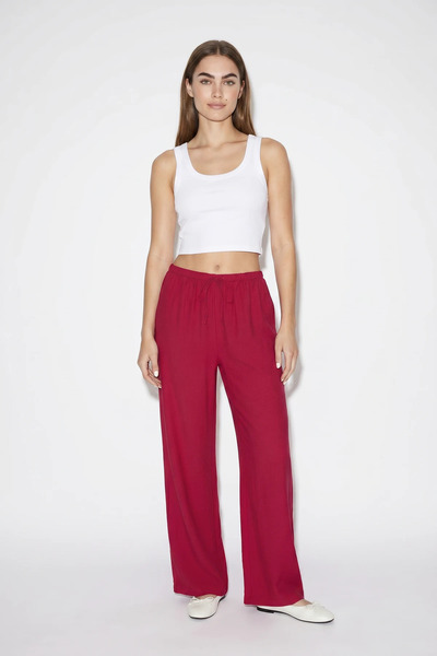 Efnaz style Women's Elastic Waist, Tie-Up, Pocketed, Wide Leg Fuchsia Trousers