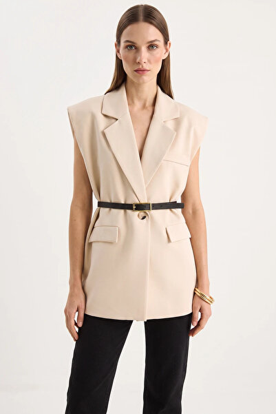Efnaz style Women's Pocket Detailed Belted Padded Oversize Lined Beige Vest