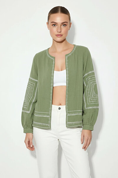 Efnaz style Women's Embroidery Detailed Summer Muslin Green and White Jacket