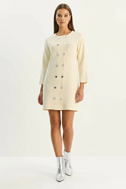 Efnaz style Women's Crew Neck Button Detailed Knitwear Cream Dress