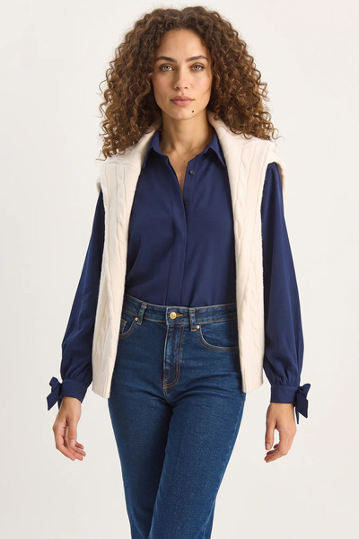 Efnaz style Women's Cuff Detailed Poplin Navy Blue Shirt