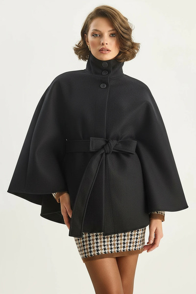 Efnaz style Women's Belted Stand Collar Cashmere Poncho Black