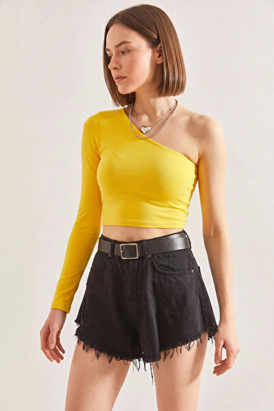 Generic Brand Women's Long One-Shoulder Crop Yellow Blouse