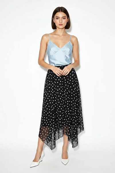 Efnaz style Women's Elastic Waist Asymmetrical Cut Lined Polka Dot Midi Black...