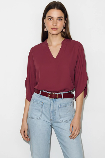 Efnaz style Women's High Collar V-Neck Loose Cut Bat Sleeve Dusty Rose Blouse