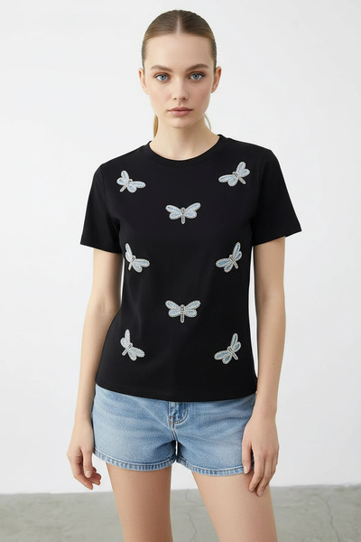 Şeker Portakalım Women's Bead Stone Embroidered Dragonfly Patterned Comfortab...