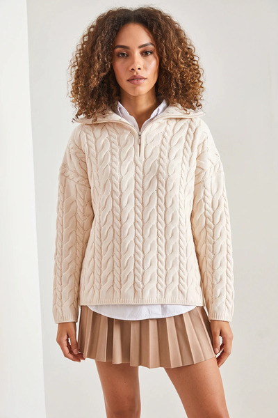Efnaz style Women's Turtleneck Zippered Patterned Knitwear Ecru Sweater