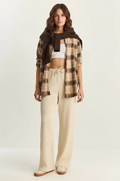 Efnaz style Women's Wide Leg Crinkle Knitted Cream Pants