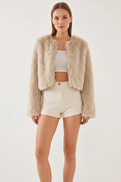 Efnaz style Women's Faux Fur Lined Beige Coat