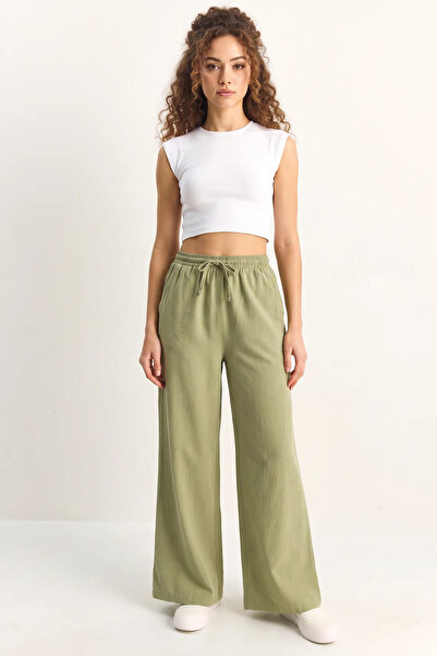 Efnaz style Women's Elastic Waist, Pocket Detail, Loose Linen Green Trousers
