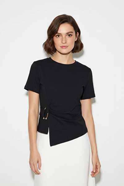 Efnaz style Women's Cotton Crew Neck Asymmetrical Cut Black Blouse with Waist...