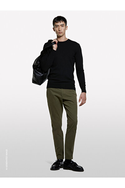 Sisley Erkek Haki Yeşili Slim Fit Vintage Efekt Chino Pantolon
