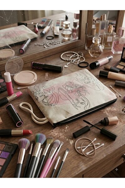 MOJOMIX Cream Color Canvas Fabric Front Back Patterned Multi-Purpose Makeup /...