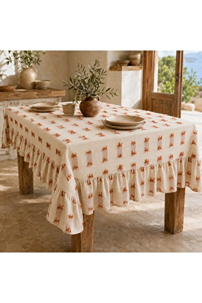 shules collection Τραπεζομάντηλο Bohemian από λινό με φούντες και βολάν – καφ...