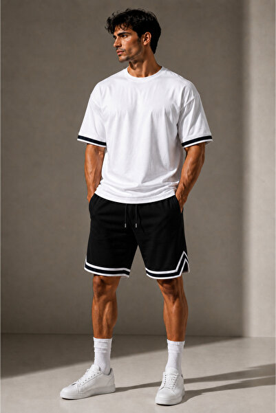 FECCY Set de tricou și pantaloni scurți pentru bărbați, cu dungi, premium
