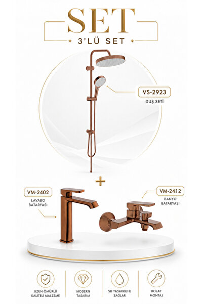 Valtemo VALENTINI + BIGART 3'LÜ LAVABO, BANYO VE ROBOT DUŞ SETİ - FIRÇALI BRONZ