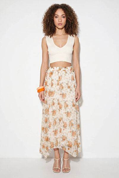 Efnaz style Women's Lined Elastic Waist Floral Patterned Asymmetrical Cut Cru...