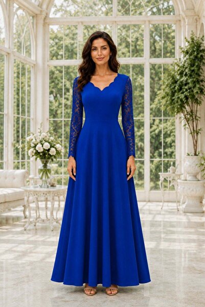 Mossta Wavy V-Neck Lace Long Crepe Dress - Saks