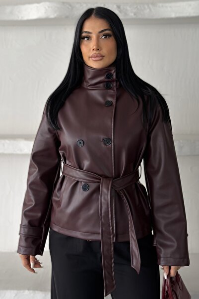 moda armanc Women's Belted Stand Collar Faux Leather Short Trench Coat Jacket