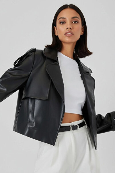 Merterium Women's Oversize Leather Coat Jacket 1323 - Black