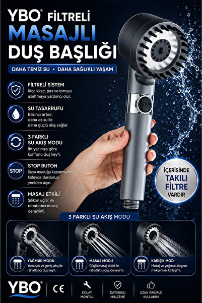 YBO Filtreli 3 Fonksiyonlu Masajlı Duş Başlığı | Su Arıtmalı, Start Stop Tuşl...