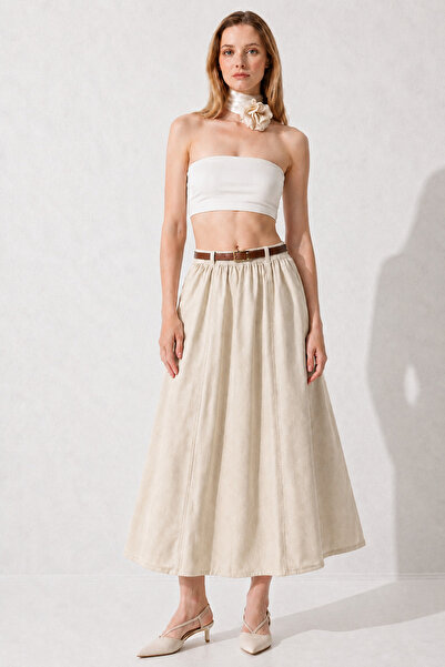 COMBİNE MİCHAİL Women's Comfortable Beige Long Skirt with Elastic Waist