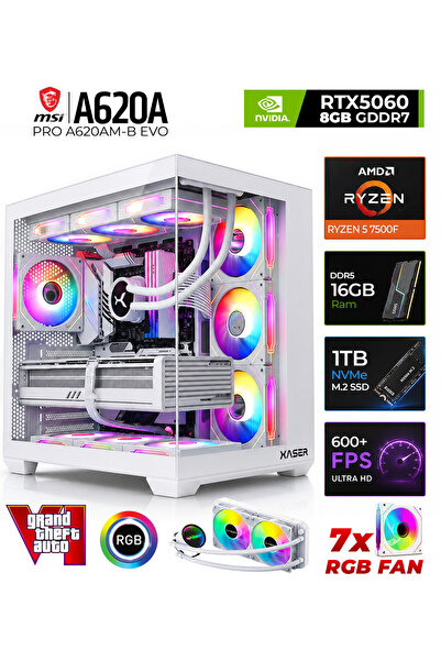 XASER Shiny X60 Ryzen 5 7500F 16GB DDR5 Ram 1TB M.2 NVMe SSD 8GB RTX5060 Sıvı...
