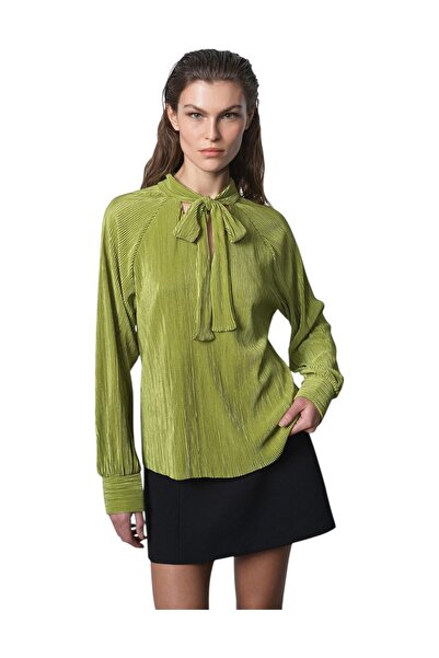 French Connection Women Rylah Plisse Long Sleeve Tie Neck Shirt