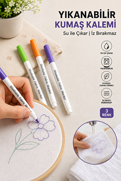 LİVA CRAFT Art & Craft Su İle Uçan Kumaş Kalemi 3 Renk Bir Arada - Renkli Dik...