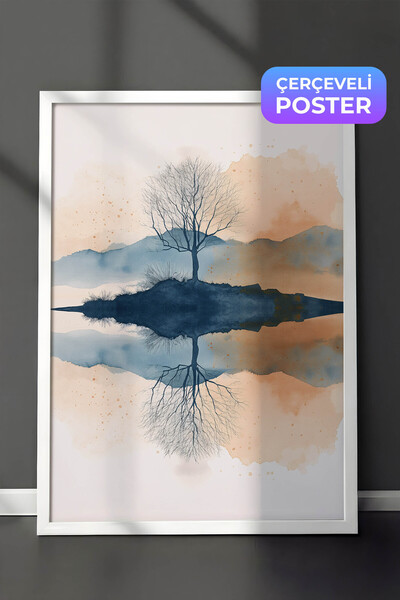 Zestia Pictură murală minimalistă în acuarelă cu ramă albă, reflexie a siluet...