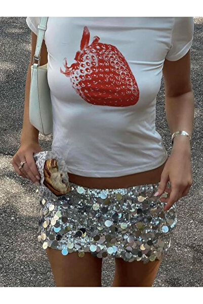 designedfy Kadın Çilek Baskılı Pamuklu Likralı Crop Beyaz