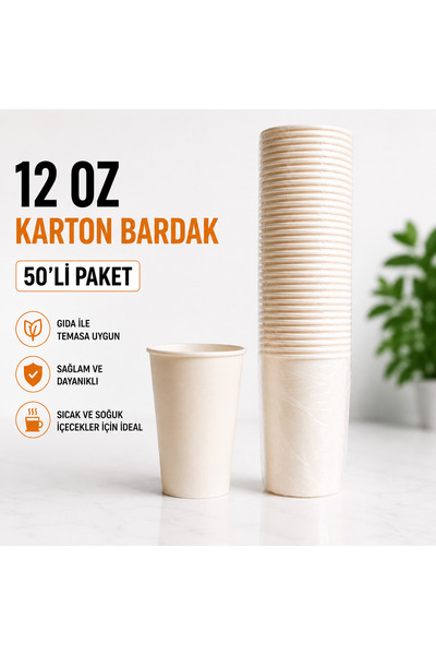 12 Oz Karton Bardak 50'li Paket | Sıcak ve Soğuk İçecekler İçin Tek Kullanımlık Kağıt Bardak