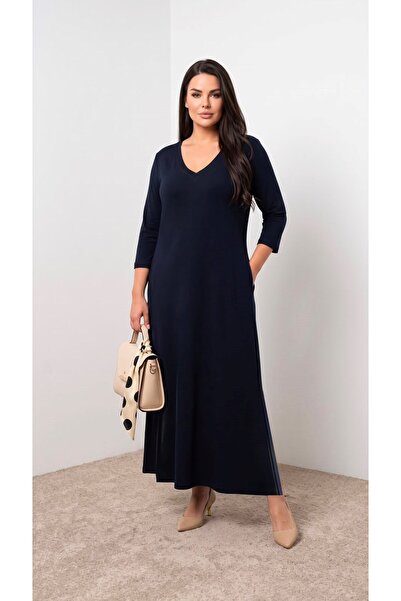 Koza Butik Women's Plus Size Three Quarter Sleeve V-Neck Long Dress 5475-26